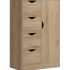 Meuble de rangement moderne 1 porte 4 tiroirs - panneaux particules aspect chêne clair