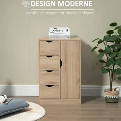 Meuble de rangement moderne 1 porte 4 tiroirs - panneaux particules aspect chêne clair