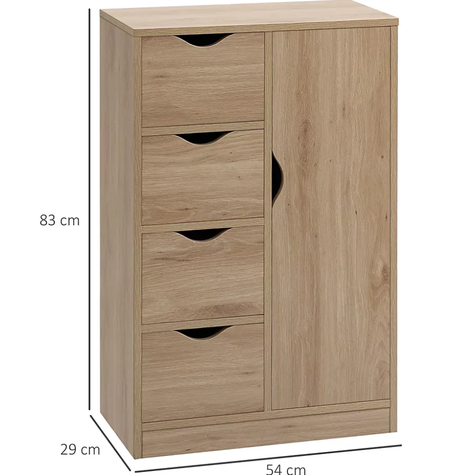 Meuble de rangement moderne 1 porte 4 tiroirs - panneaux particules aspect chêne clair