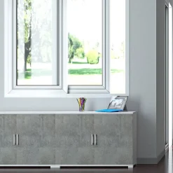 Meuble De Rangement Polyvalent À Double Porte, Blanc Et Béton