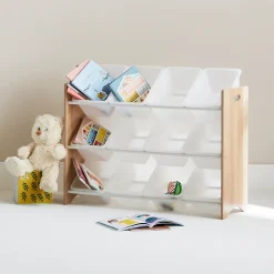 Meuble de rangement pour enfant avec 12 casiers - Tobias - MDF décor bois naturel. L 84 x P 29.5 x H 60cm