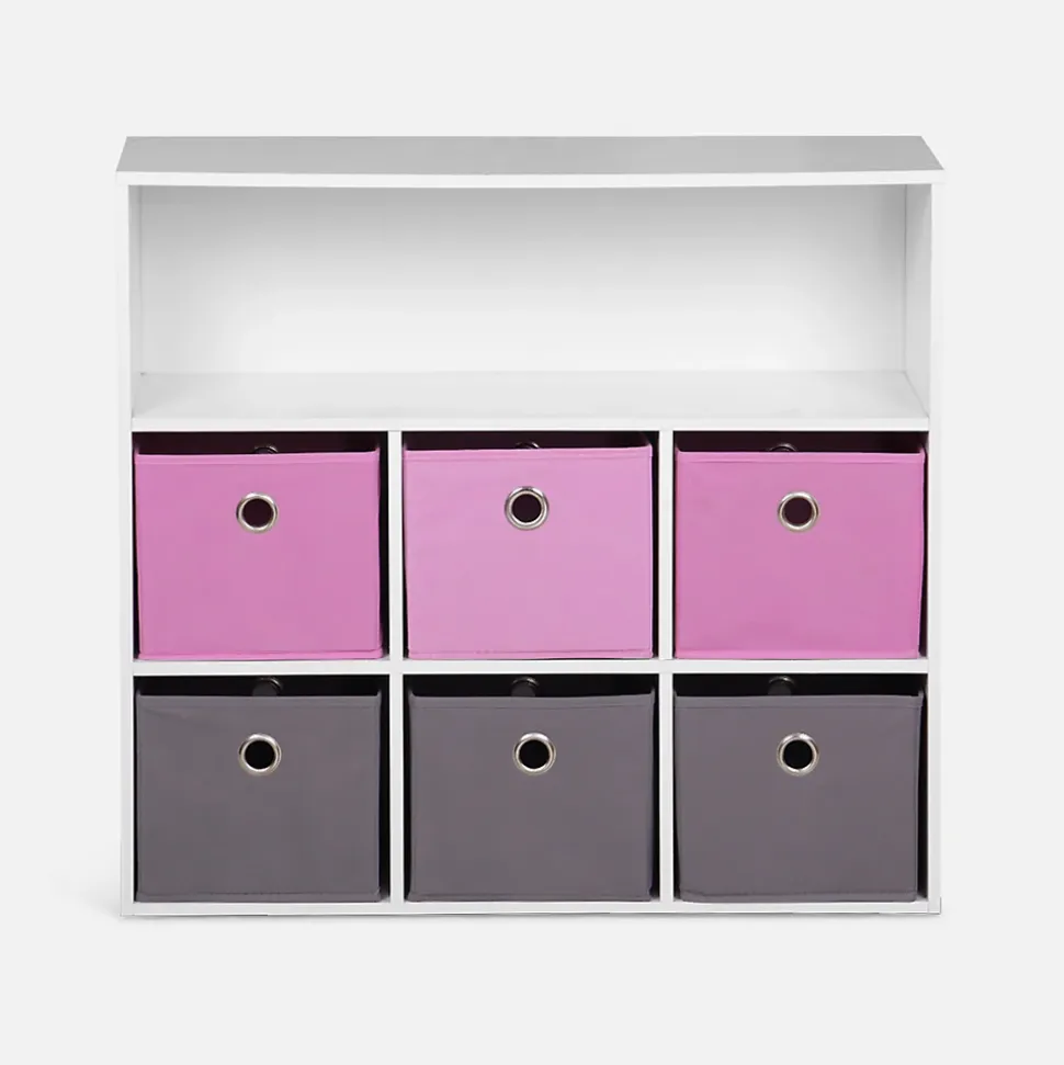 Meuble de rangement pour enfant. blanc - Camille - avec 7 compartiments et 6 paniers gris et roses