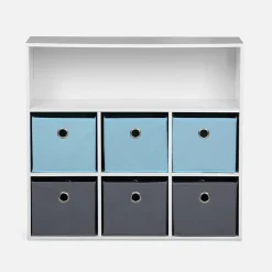 Meuble de rangement pour enfant. blanc - Camille - avec 7 compartiments et 6 paniers gris et bleus