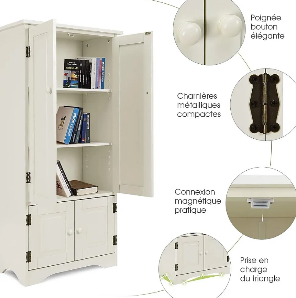Meuble de Rangement sur Pieds avec Quatre Grandes Etageres Panneau de Stockage Reglable Structure Simple et Retro Blanc