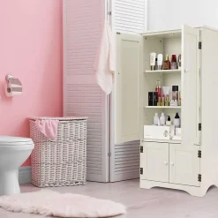 Meuble de Rangement sur Pieds avec Quatre Grandes Etageres Panneau de Stockage Reglable Structure Simple et Retro Blanc