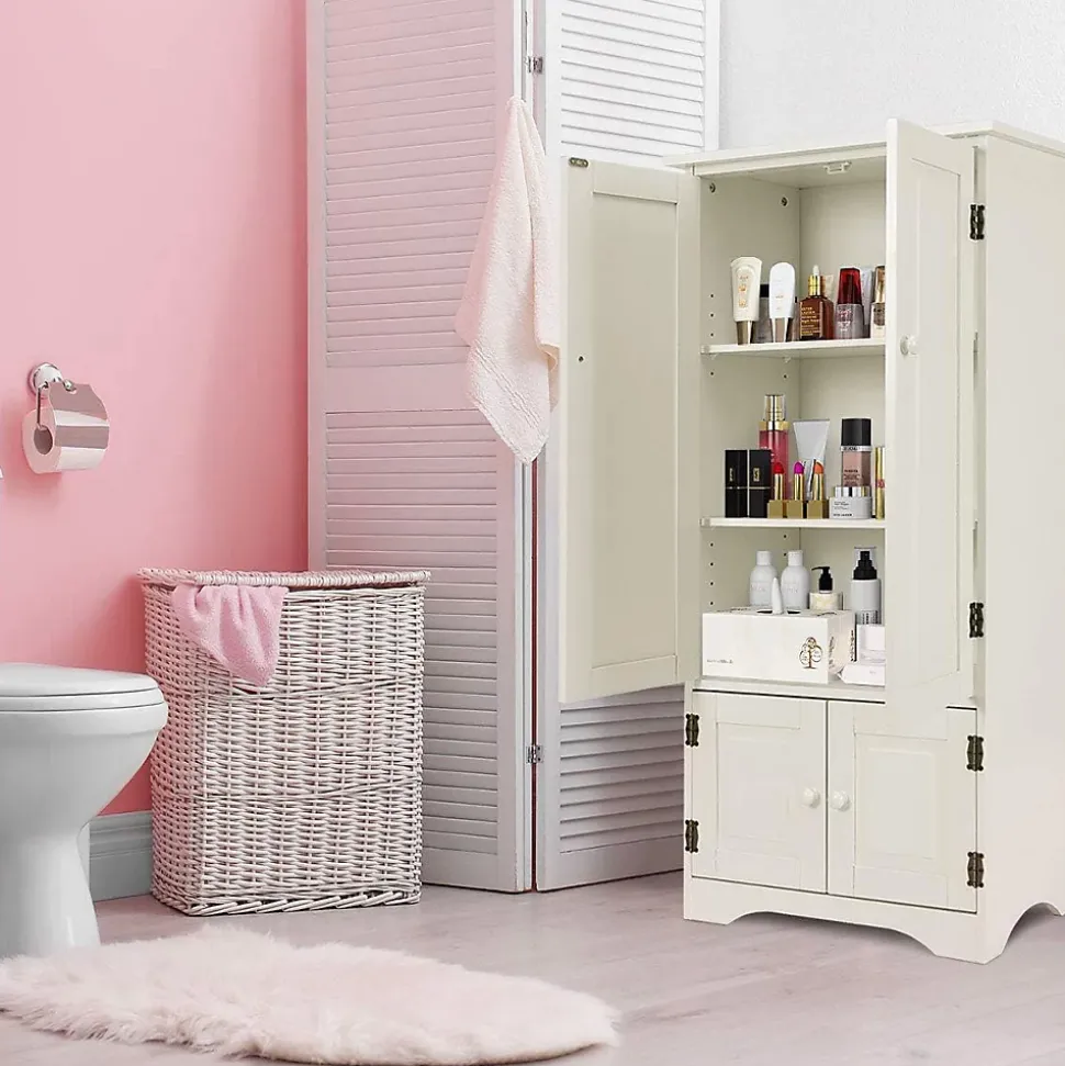 Meuble de Rangement sur Pieds avec Quatre Grandes Etageres Panneau de Stockage Reglable Structure Simple et Retro Blanc