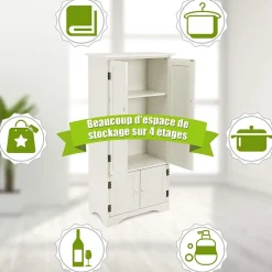 Meuble de Rangement sur Pieds avec Quatre Grandes Etageres Panneau de Stockage Reglable Structure Simple et Retro Blanc