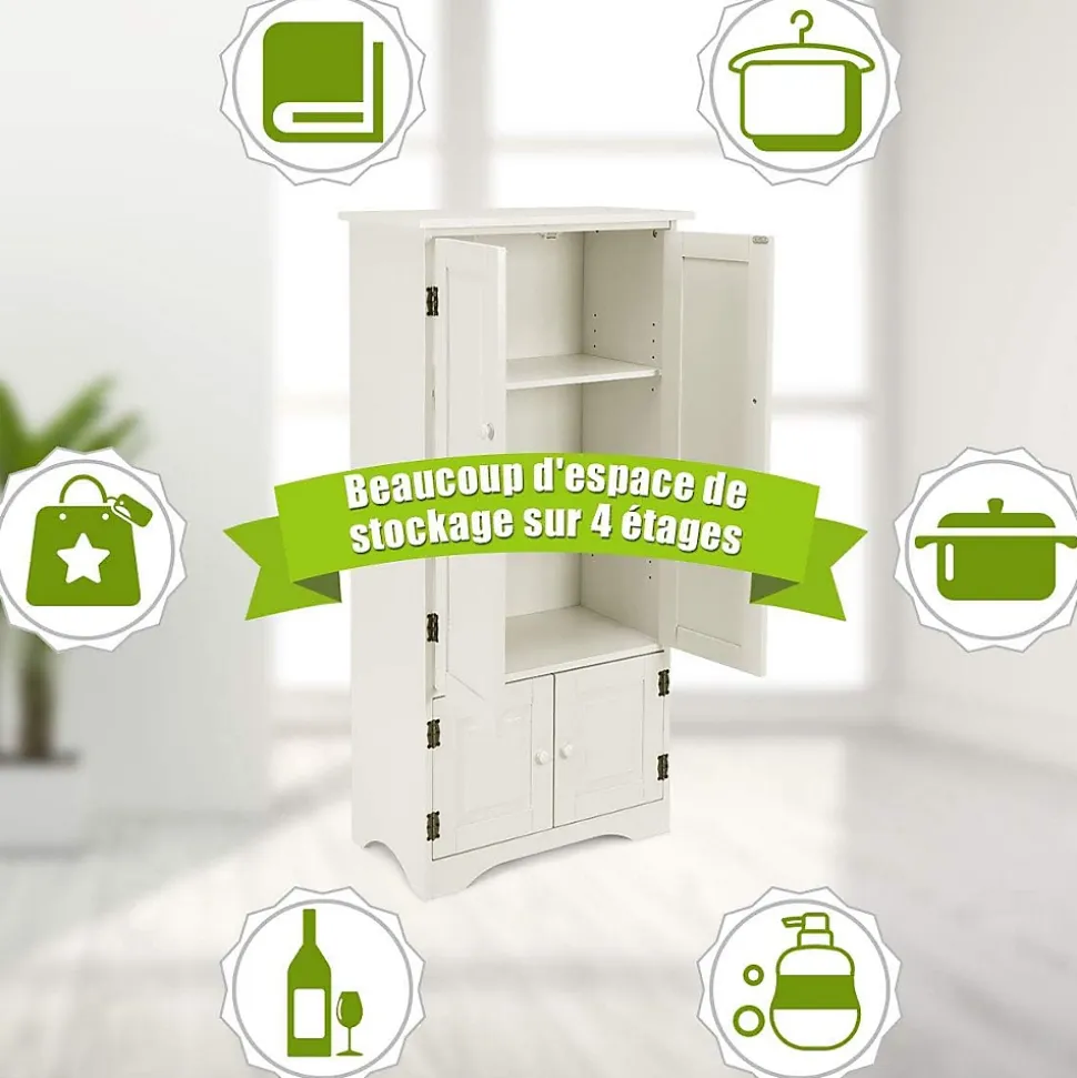 Meuble de Rangement sur Pieds avec Quatre Grandes Etageres Panneau de Stockage Reglable Structure Simple et Retro Blanc