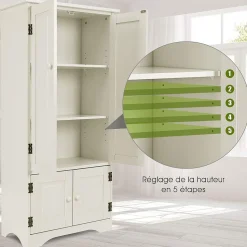 Meuble de Rangement sur Pieds avec Quatre Grandes Etageres Panneau de Stockage Reglable Structure Simple et Retro Blanc