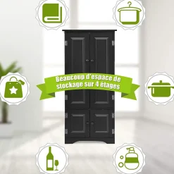 Meuble de Rangement sur Pieds, avec Quatre Grandes Etageres Panneau de Stockage Reglable Structure Simple et Retro Noir