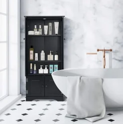 Meuble de Rangement sur Pieds, avec Quatre Grandes Etageres Panneau de Stockage Reglable Structure Simple et Retro Noir