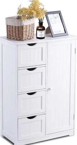 Meuble de Salle de Bain avec 4 Tiroirs, avec Porte Magnétique, Anti-Basculement & Étagère Réglable, 56x30x82cm, Blanc