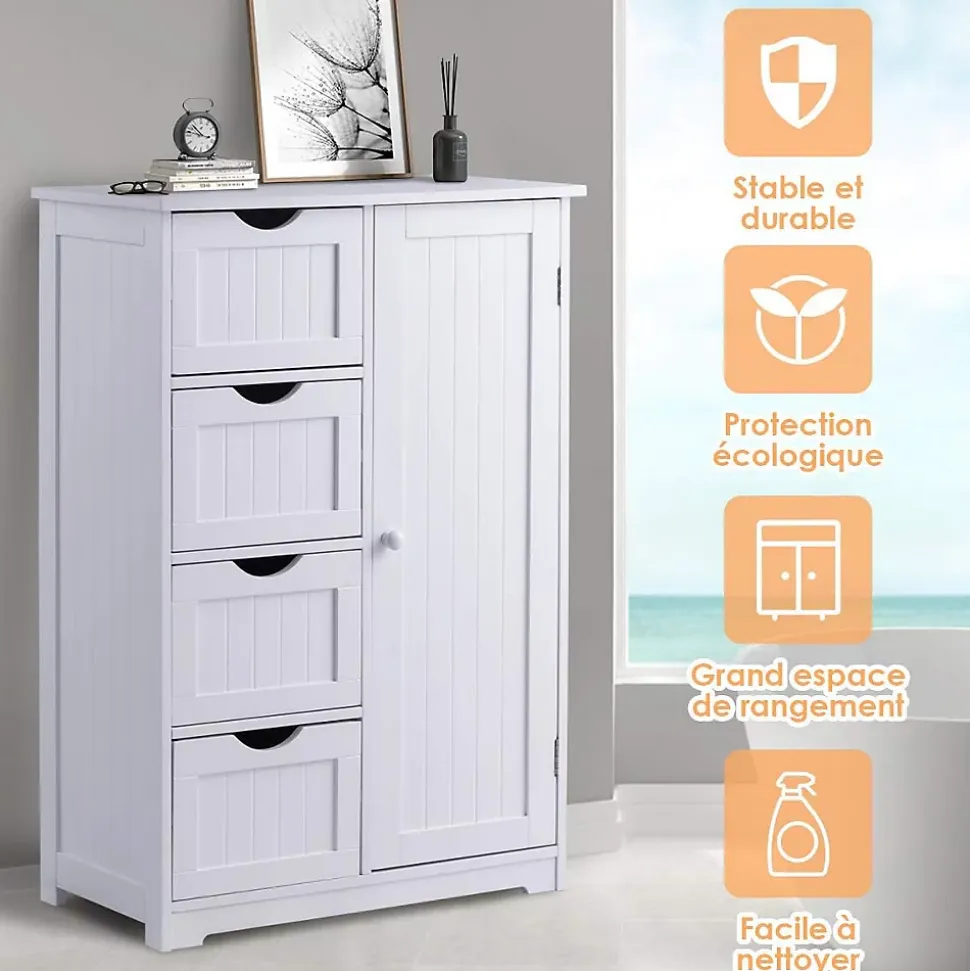 Meuble de Salle de Bain avec 4 Tiroirs, avec Porte Magnétique, Anti-Basculement & Étagère Réglable, 56x30x82cm, Blanc