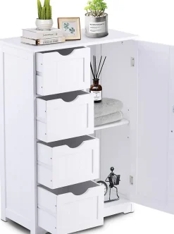 Meuble de Salle de Bain avec 4 Tiroirs, avec Porte Magnétique, Anti-Basculement & Étagère Réglable, 56x30x82cm, Blanc
