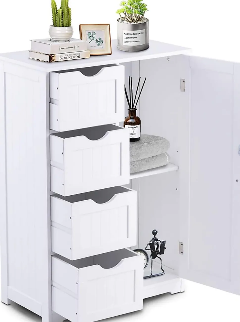 Meuble de Salle de Bain avec 4 Tiroirs, avec Porte Magnétique, Anti-Basculement & Étagère Réglable, 56x30x82cm, Blanc