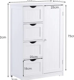 Meuble de Salle de Bain avec 4 Tiroirs, avec Porte Magnétique, Anti-Basculement & Étagère Réglable, 56x30x82cm, Blanc