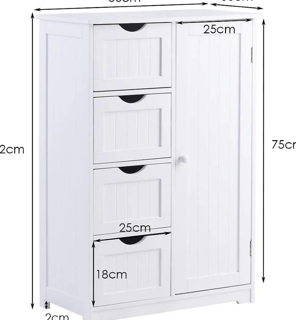 Meuble de Salle de Bain avec 4 Tiroirs, avec Porte Magnétique, Anti-Basculement & Étagère Réglable, 56x30x82cm, Blanc