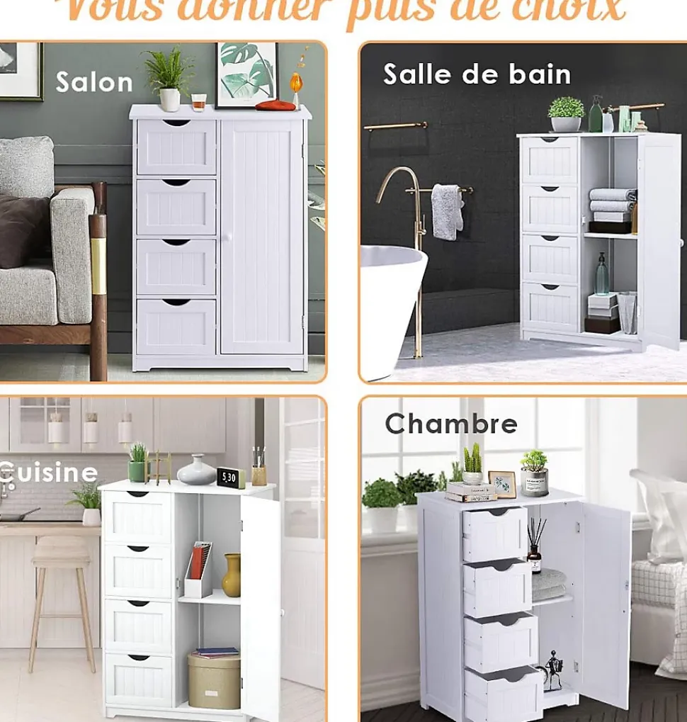 Meuble de Salle de Bain avec 4 Tiroirs, avec Porte Magnétique, Anti-Basculement & Étagère Réglable, 56x30x82cm, Blanc