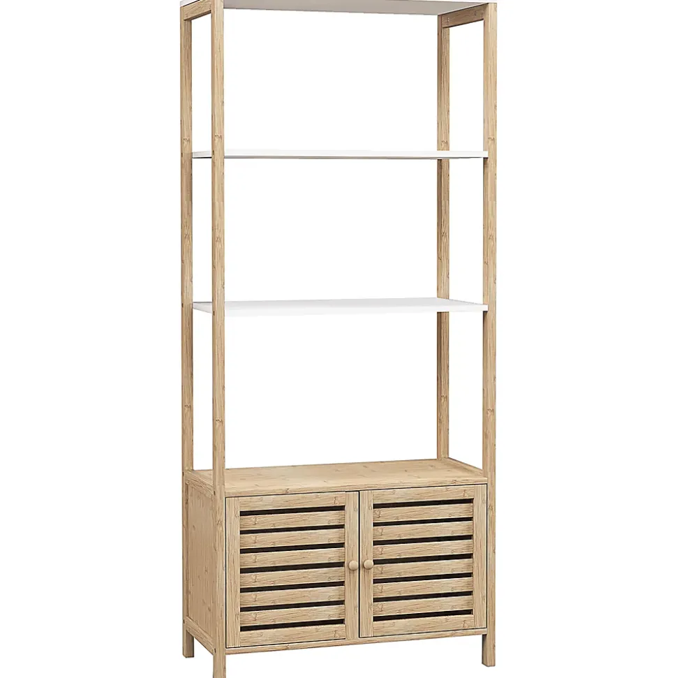 Meuble de Salle de Bain avec 3 étagères en Bambou 1 Placard avec Portes à Lattes 63 x 30 x 138 cm Bois Naturel et Blanc