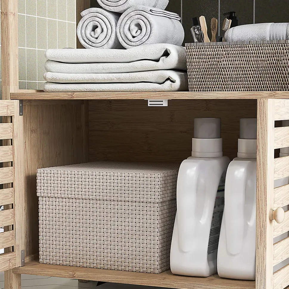 Meuble de Salle de Bain avec 3 étagères en Bambou 1 Placard avec Portes à Lattes 63 x 30 x 138 cm Bois Naturel et Blanc