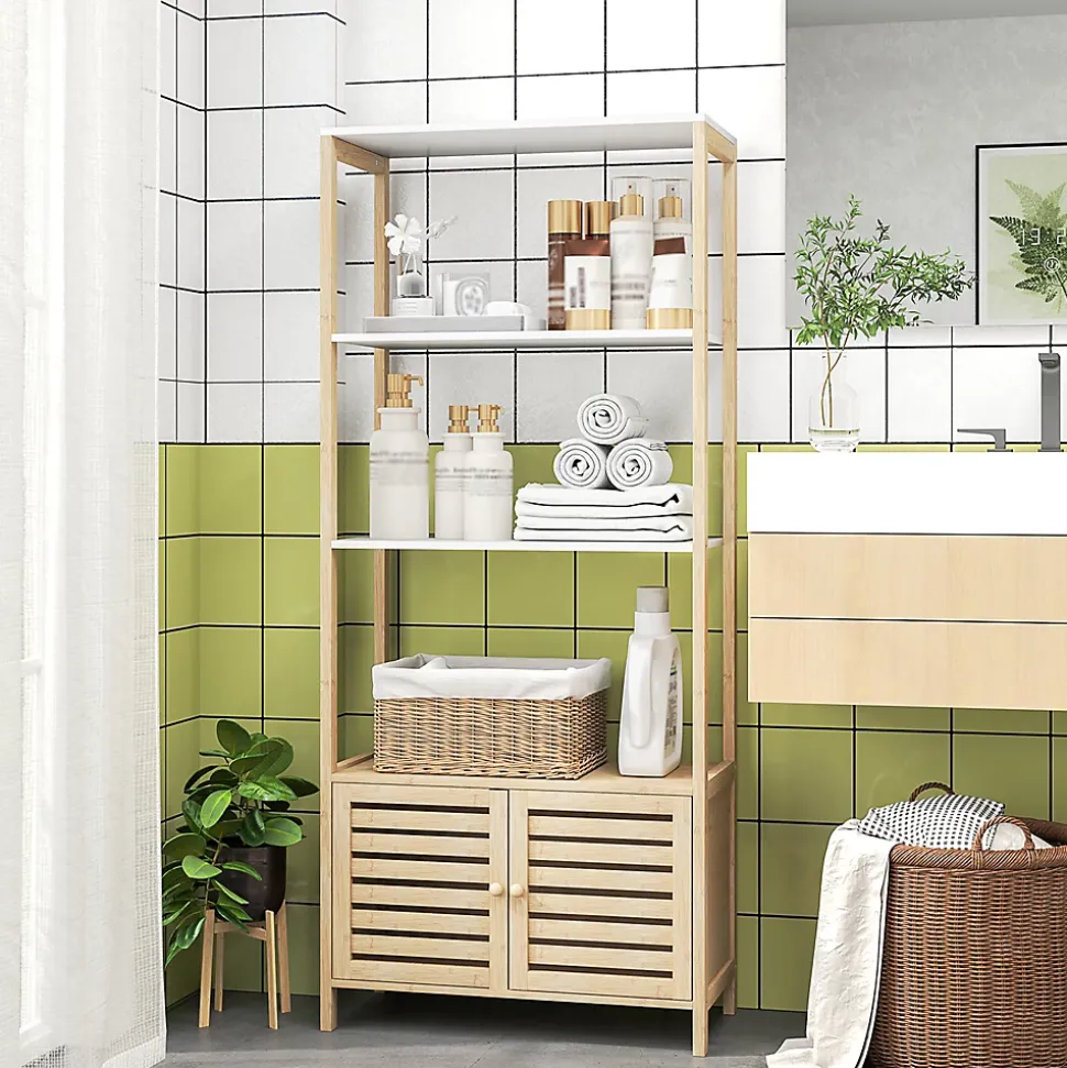 Meuble de Salle de Bain avec 3 étagères en Bambou 1 Placard avec Portes à Lattes 63 x 30 x 138 cm Bois Naturel et Blanc