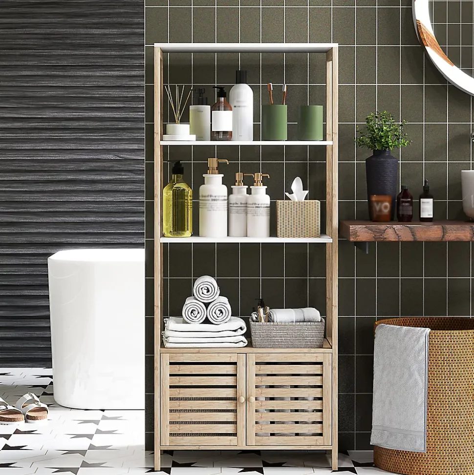 Meuble de Salle de Bain avec 3 étagères en Bambou 1 Placard avec Portes à Lattes 63 x 30 x 138 cm Bois Naturel et Blanc