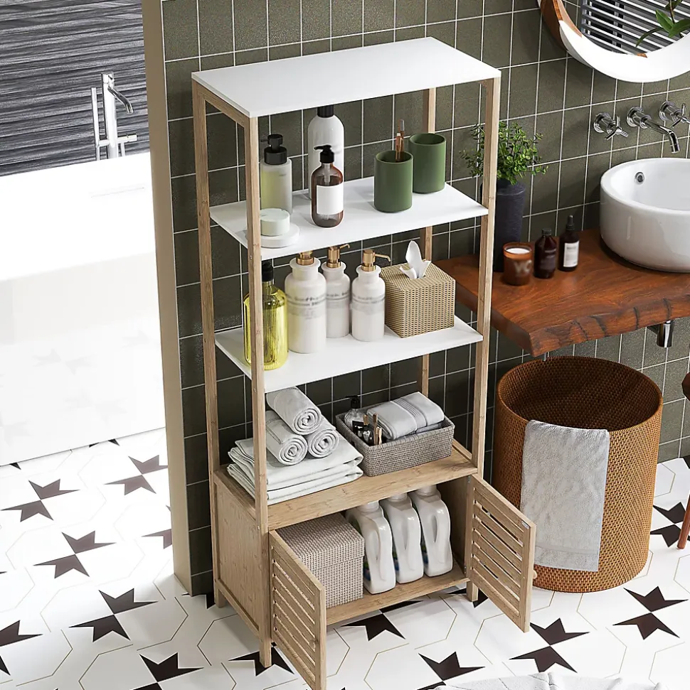 Meuble de Salle de Bain avec 3 étagères en Bambou 1 Placard avec Portes à Lattes 63 x 30 x 138 cm Bois Naturel et Blanc