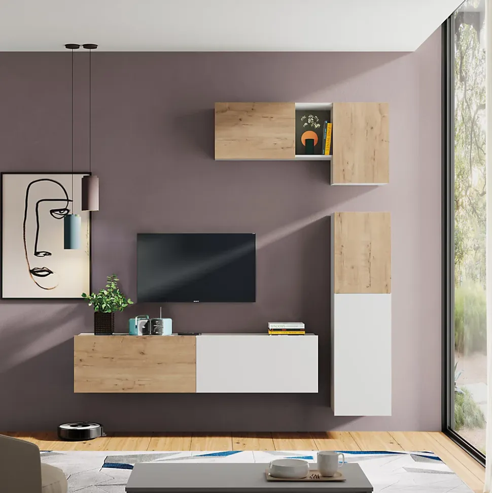 Meuble de salon coloris blanc / chêne doré - Hauteur 42 x Longueur 150 x Profondeur 40 cm