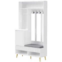 Meuble d'entrée - Armoire d'entrée avec Banc à Chaussures, 4 Crochets et 2 Tiroirs, Porte MDF - 100x35x180 cm, Blanc