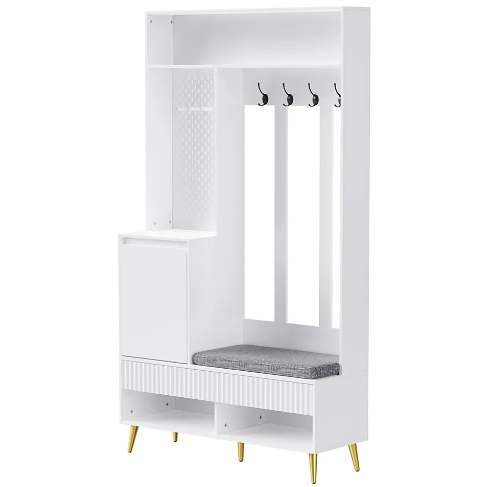 Meuble d'entrée - Armoire d'entrée avec Banc à Chaussures, 4 Crochets et 2 Tiroirs, Porte MDF - 100x35x180 cm, Blanc
