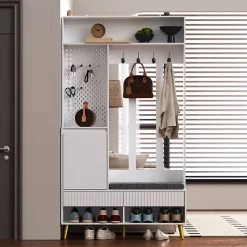 Meuble d'entrée - Armoire d'entrée avec Banc à Chaussures, 4 Crochets et 2 Tiroirs, Porte MDF - 100x35x180 cm, Blanc