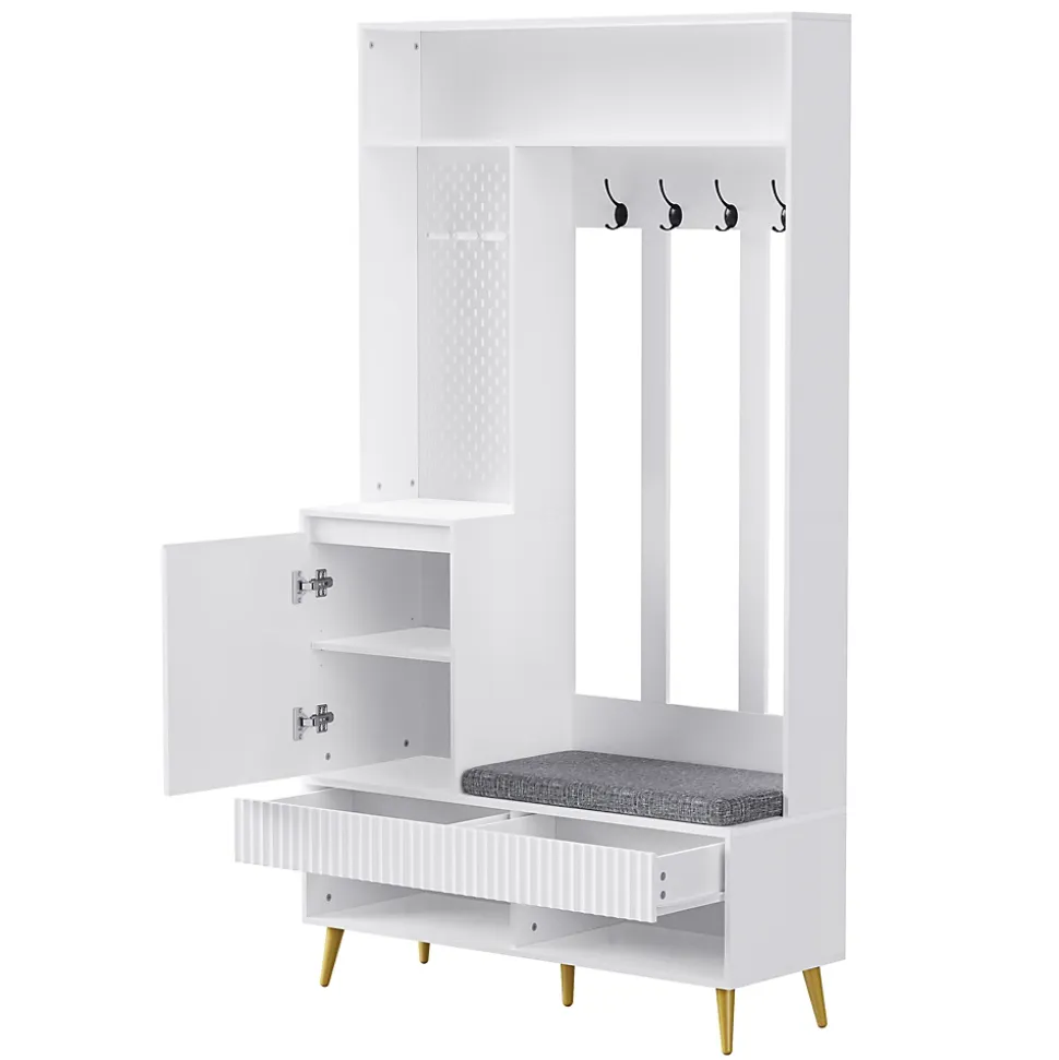 Meuble d'entrée - Armoire d'entrée avec Banc à Chaussures, 4 Crochets et 2 Tiroirs, Porte MDF - 100x35x180 cm, Blanc
