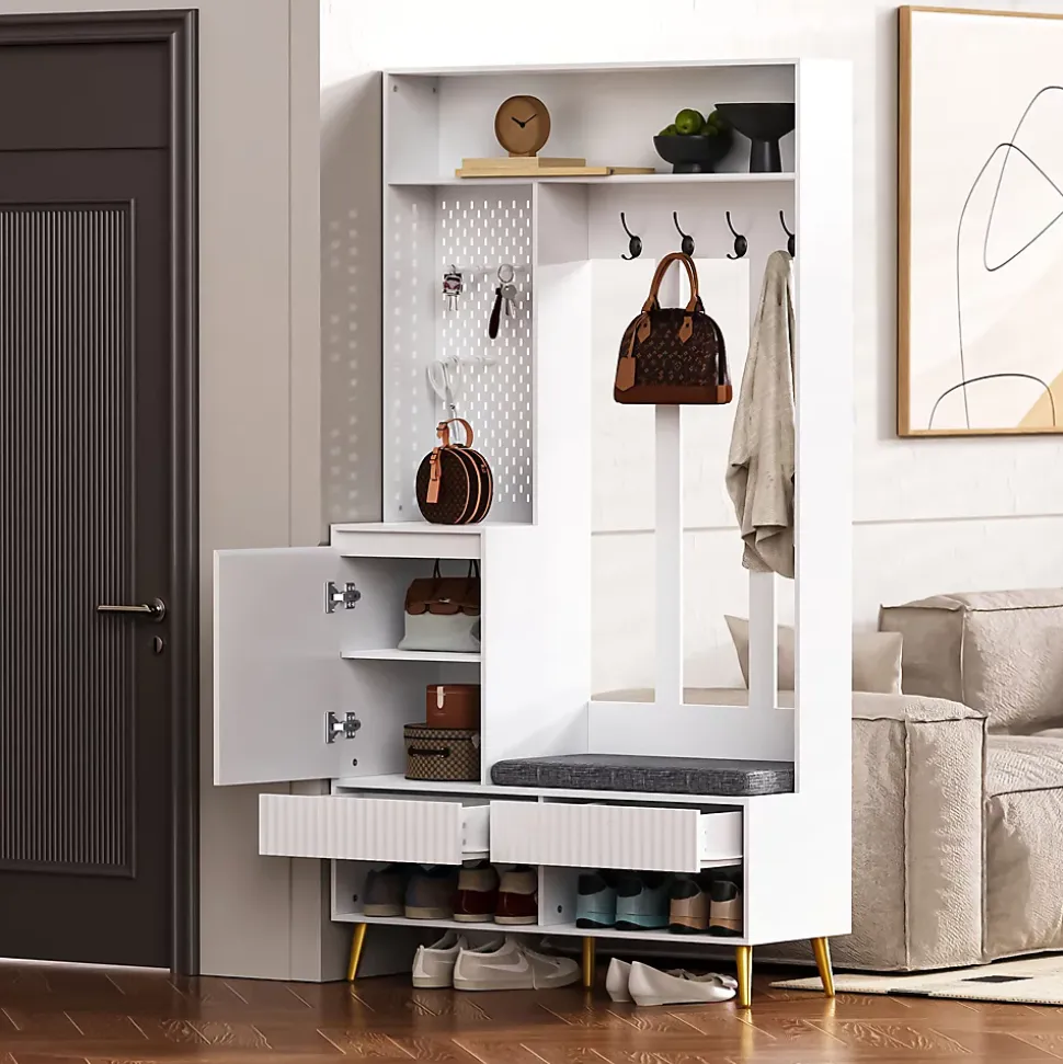 Meuble d'entrée - Armoire d'entrée avec Banc à Chaussures, 4 Crochets et 2 Tiroirs, Porte MDF - 100x35x180 cm, Blanc