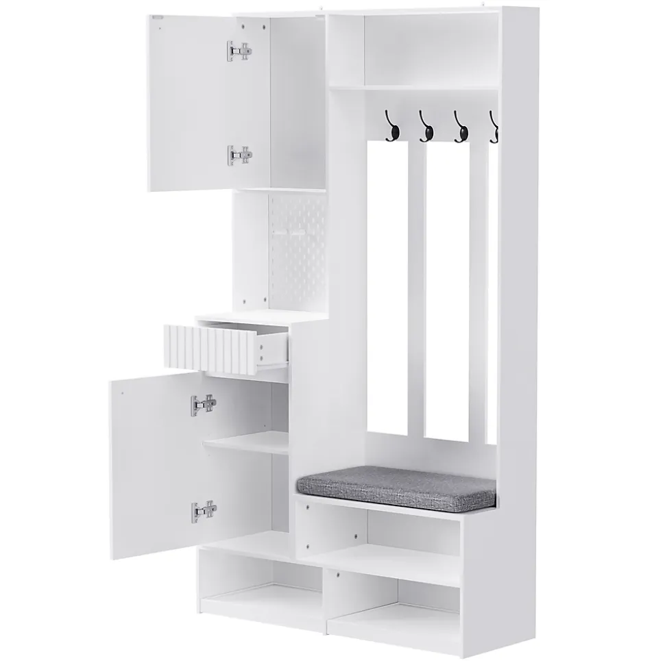 Meuble d'entrée - Armoire d'entrée avec Banc, 4 Crochets et 2 Tiroirs, Penderie Vestiaire MDF - 100x35x180 cm, Blanc