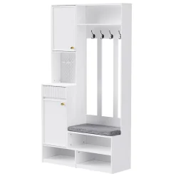 Meuble d'entrée - Armoire d'entrée avec Banc, 4 Crochets et 2 Tiroirs, Penderie Vestiaire MDF - 100x35x180 cm, Blanc