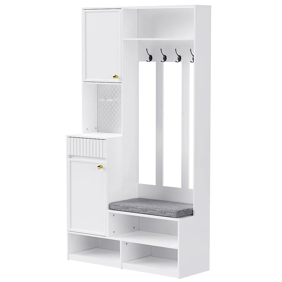 Meuble d'entrée - Armoire d'entrée avec Banc, 4 Crochets et 2 Tiroirs, Penderie Vestiaire MDF - 100x35x180 cm, Blanc