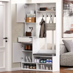 Meuble d'entrée - Armoire d'entrée avec Banc, 4 Crochets et 2 Tiroirs, Penderie Vestiaire MDF - 100x35x180 cm, Blanc