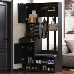 Meuble d'entrée - Armoire d'entrée avec Banc, 4 Crochets et 2 Tiroirs, Vestiaire Penderie MDF - 100x35x180 cm, Noir
