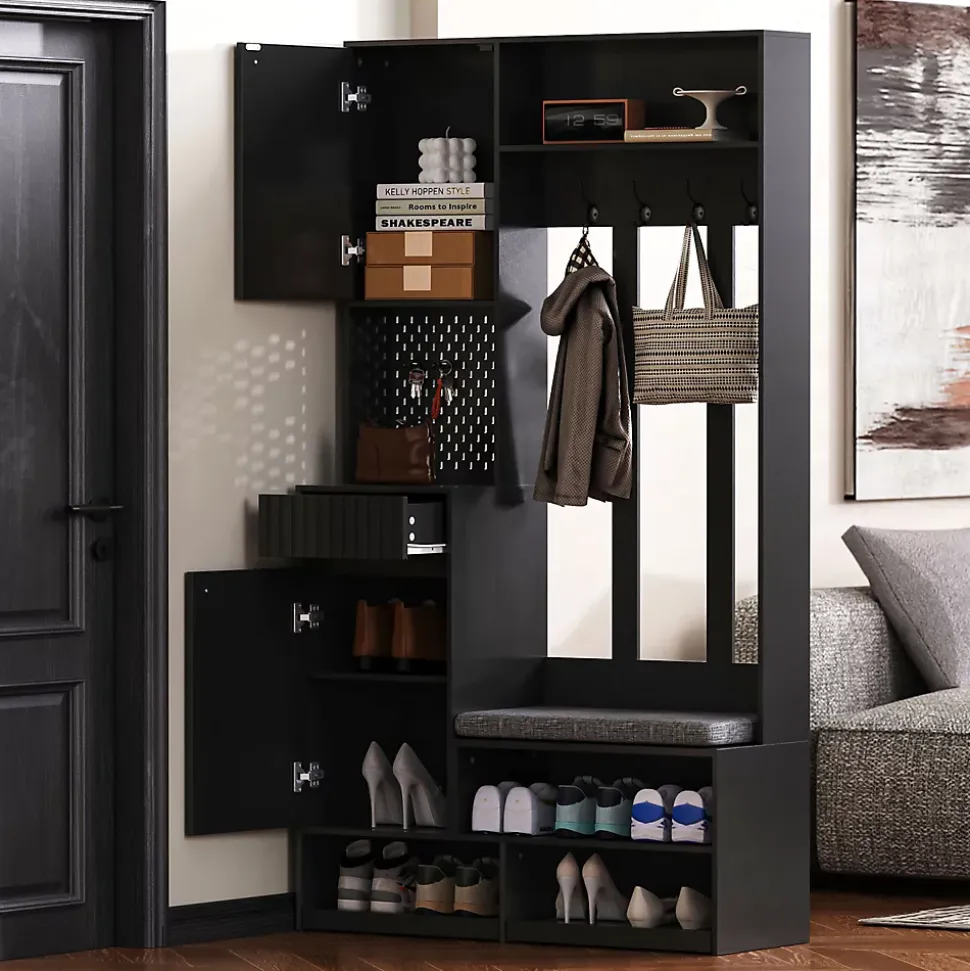 Meuble d'entrée - Armoire d'entrée avec Banc, 4 Crochets et 2 Tiroirs, Vestiaire Penderie MDF - 100x35x180 cm, Noir