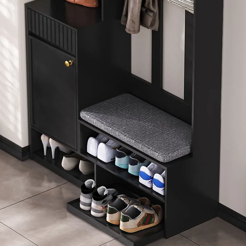 Meuble d'entrée - Armoire d'entrée avec Banc, 4 Crochets et 2 Tiroirs, Vestiaire Penderie MDF - 100x35x180 cm, Noir