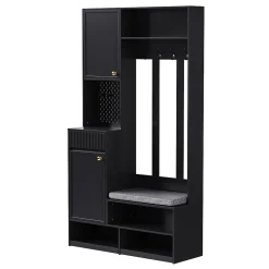 Meuble d'entrée - Armoire d'entrée avec Banc, 4 Crochets et 2 Tiroirs, Vestiaire Penderie MDF - 100x35x180 cm, Noir