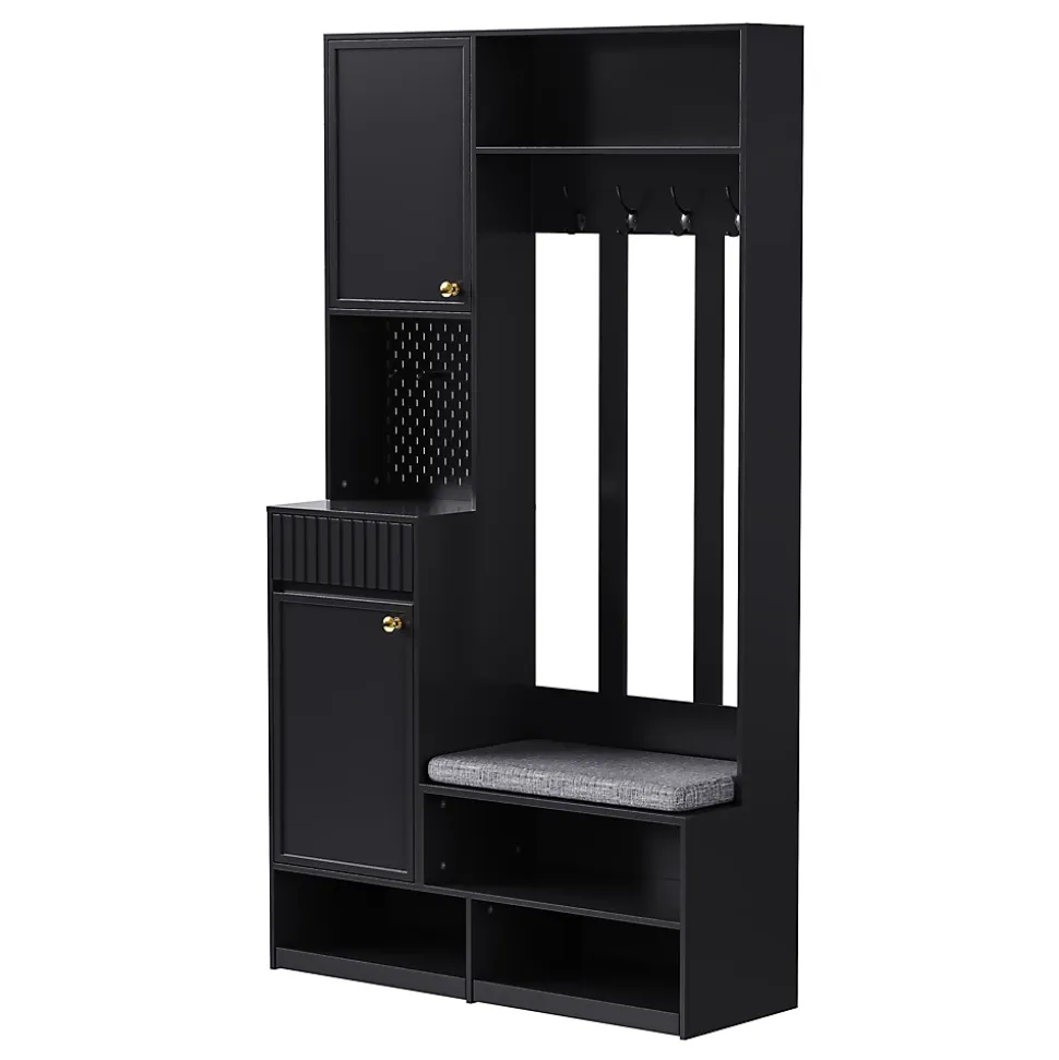 Meuble d'entrée - Armoire d'entrée avec Banc, 4 Crochets et 2 Tiroirs, Vestiaire Penderie MDF - 100x35x180 cm, Noir