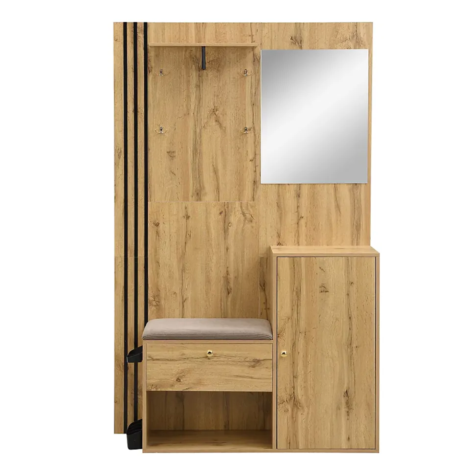 Meuble d'entrée - Armoire Penderie d'entrée avec Miroir, Banc et Porte-Manteaux - Porte-Parapluie Inclus - Naturel - 115x185x37 cm