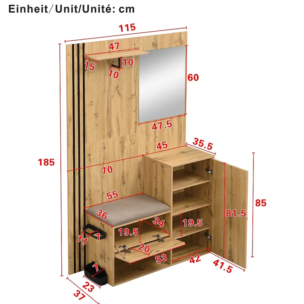 Meuble d'entrée - Armoire Penderie d'entrée avec Miroir, Banc et Porte-Manteaux - Porte-Parapluie Inclus - Naturel - 115x185x37 cm