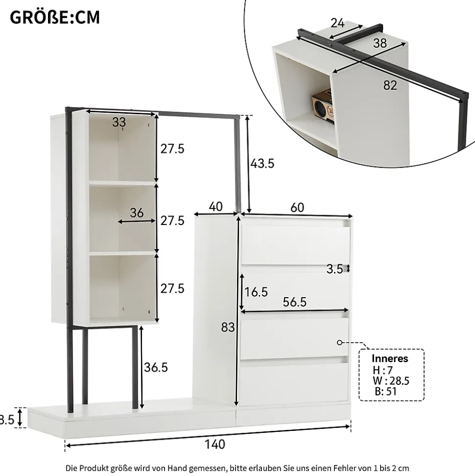 Meuble d'entrée - Commode avec Penderie et Étagères, Penderie ouverte avec Tiroirs et Étagères, Blanc - 140 x 40 x 135 cm - Blanc