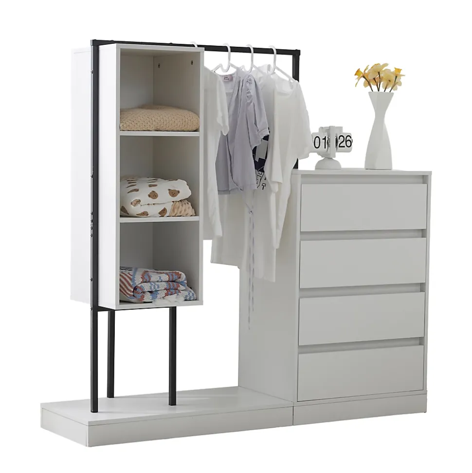 Meuble d'entrée - Commode avec Penderie et Étagères, Penderie ouverte avec Tiroirs et Étagères, Blanc - 140 x 40 x 135 cm - Blanc
