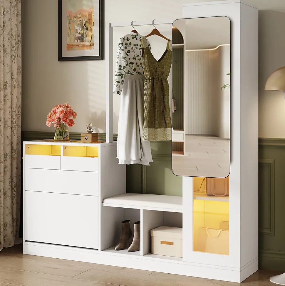 Meuble d'entrée 6 en 1 avec banc à chaussures, penderie et coiffeuse, design moderne panneaux de particules, 163x35x161 cm blanc