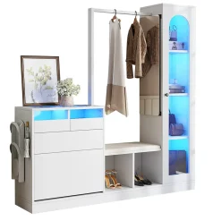 Meuble d'entrée 6 en 1 avec banc à chaussures, penderie et coiffeuse, design moderne panneaux de particules, 163x35x161 cm blanc