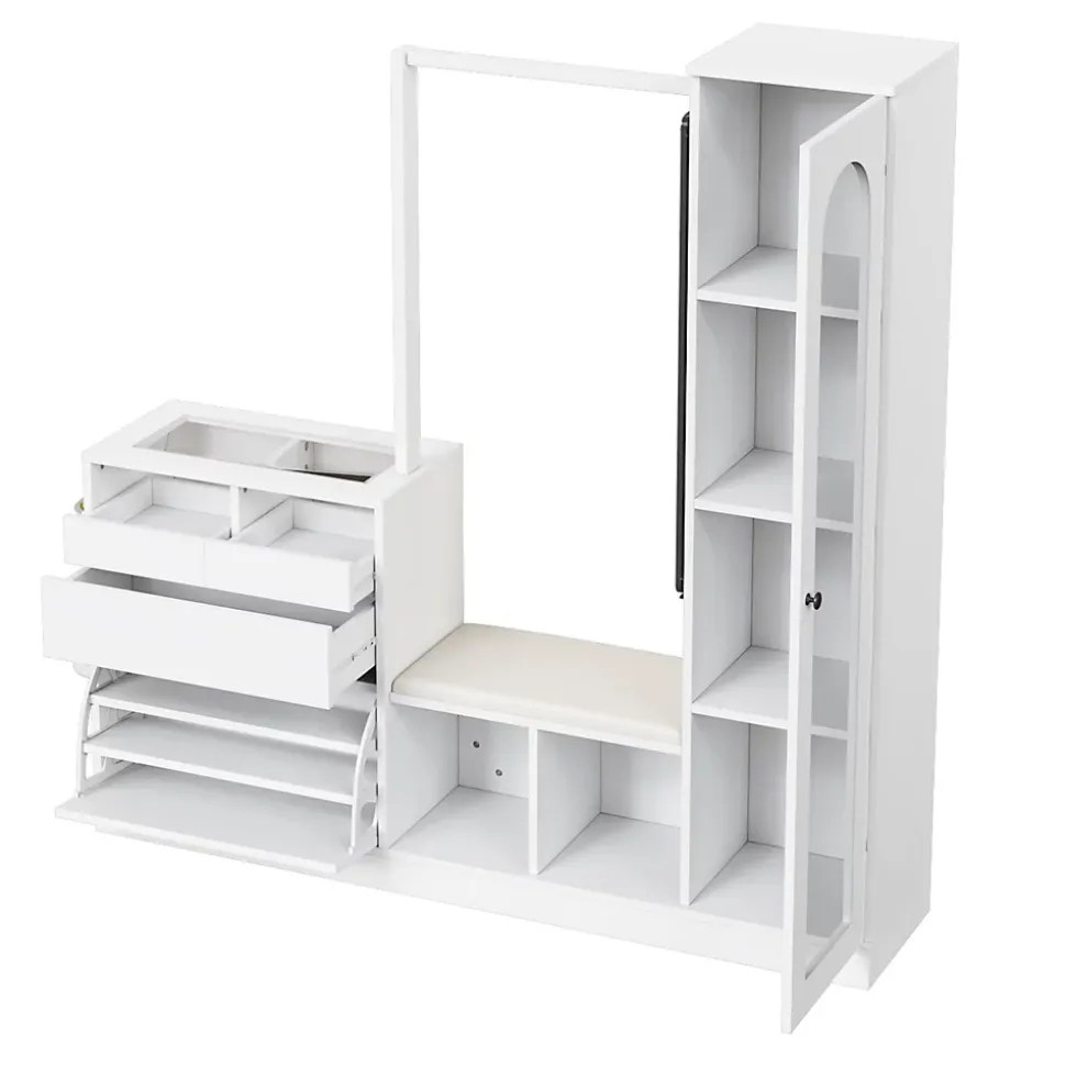 Meuble d'entrée 6 en 1 avec banc à chaussures, penderie et coiffeuse, design moderne panneaux de particules, 163x35x161 cm blanc