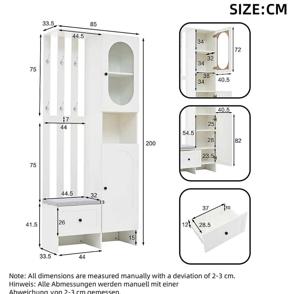 Meuble d'entrée - Vestiaire Blanc en Bois et Verre Trempé, 2 Armoires, 1 Tiroir, 10 Compartiments, avec Banc , 85x33,5x200 cm